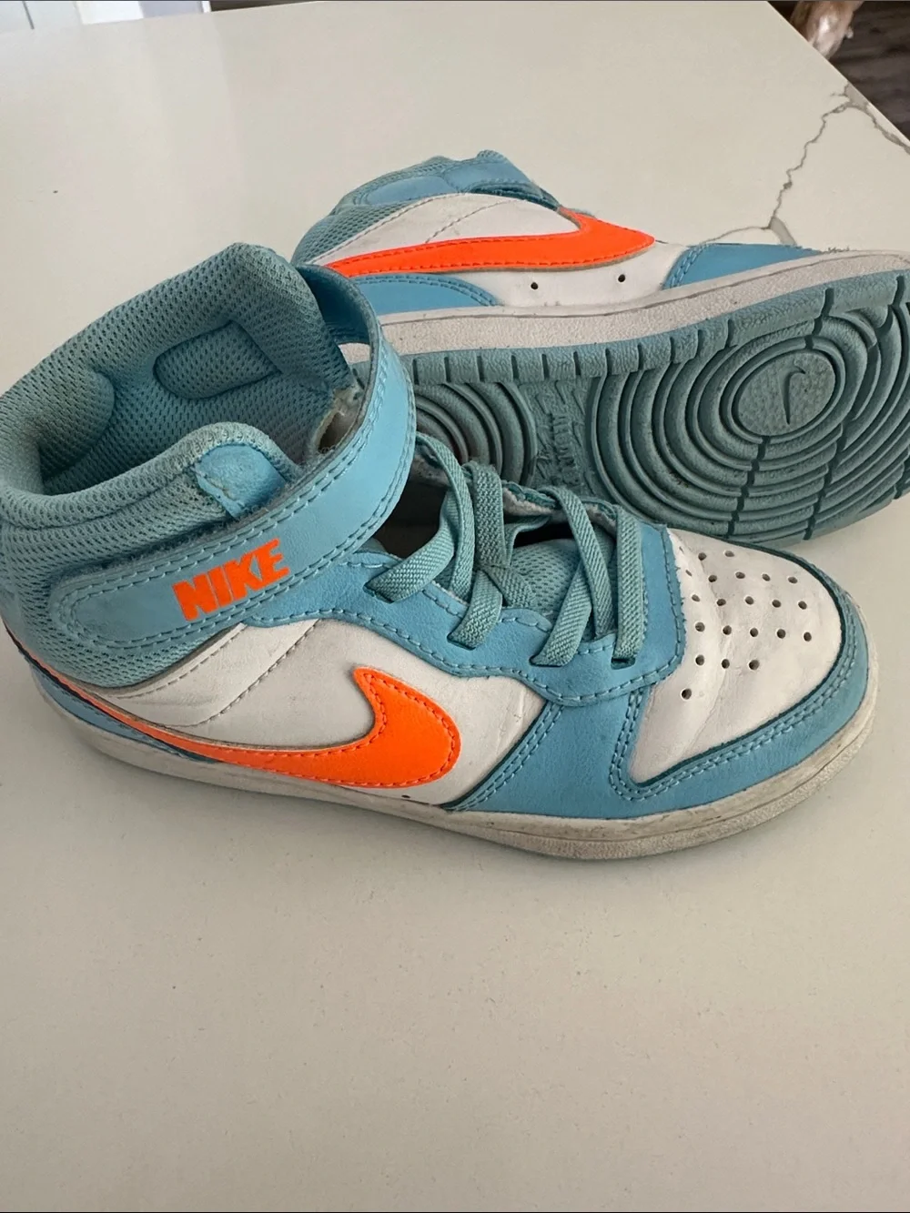 Nike Kids High-Top Sneakers in White, Teal & Orange